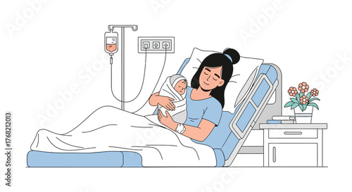 A woman lies in a hospital bed, smiling and holding a mobile phone with a bouquet of flowers on the bedside table beside her.