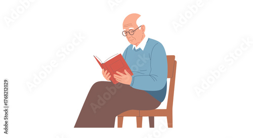 Elderly man sitting on a wooden chair reading a red book with glasses on a plain white background.