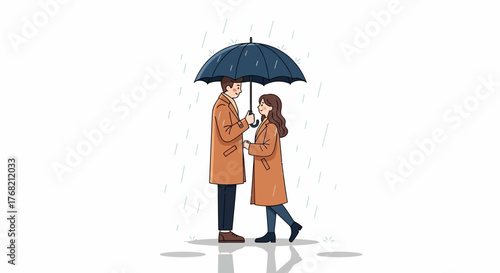 Illustration of a man and woman standing under a dark blue umbrella in the rain with orange coats and dark pants on a white background with a flat color style.
