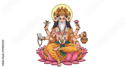 Illustration of a Hindu deity sitting on a pink lotus flower with multiple arms and a halo, wearing orange and gold attire.