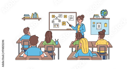 A teacher presenting a lesson to a classroom of students sitting at desks with a whiteboard and educational posters in the background with a flat, colorful illustration style.