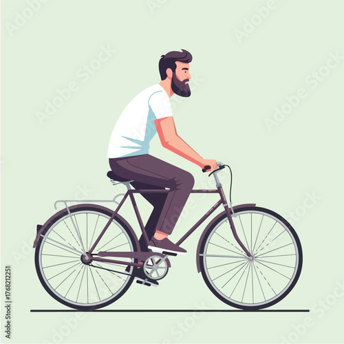Bearded man riding a bicycle on a light green path, enjoying the fresh air and exercise on a pleasant day.