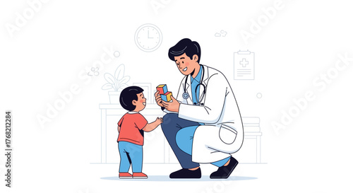 A male doctor in a white coat smiling and holding a vaccine while crouching down to a young boy in a red shirt and blue pants in a clinic with a clean and minimalistic background.