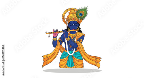 Illustration of Krishna playing a flute with a peacock feather on his head against a plain white background.