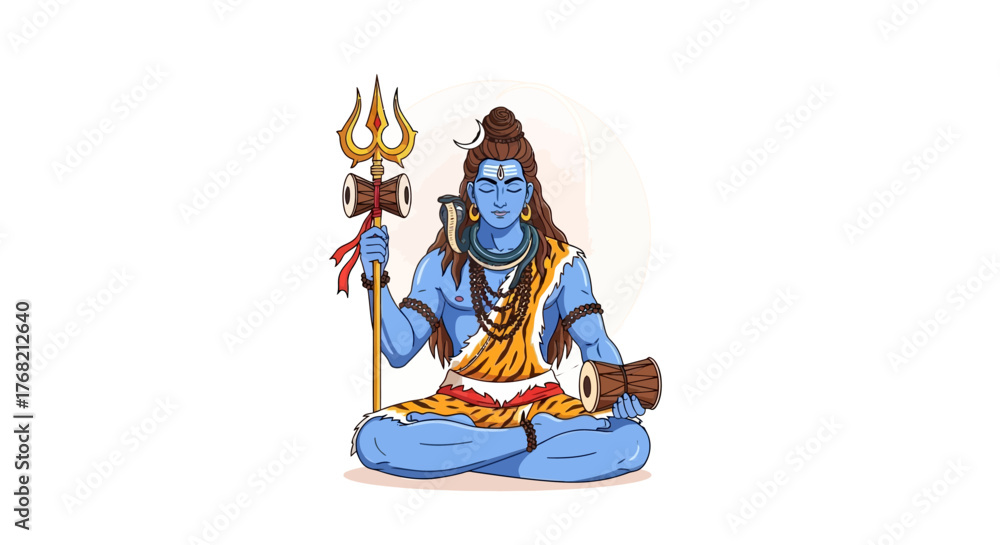 Fototapeta premium Illustration of a blue-skinned Hindu deity sitting cross-legged while holding a trident against a plain white background with a serene mood.