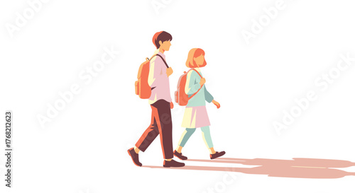 Illustration of a man and a girl walking side by side with backpacks on a white background with a minimalist style.