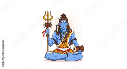 Illustration of a blue-skinned Hindu deity sitting cross-legged while holding a trident against a plain white background with a serene mood.
