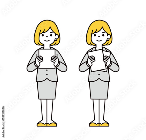白い書類・資料を持つ、若い女性社員のシンプルな全身ベクターイラスト素材セット