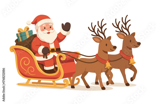 Santa Claus riding sleigh with reindeer — flat vector illustration. Santa Claus riding a sleigh pulled by reindeer, carrying a bag full of gifts. Illustration for Christmas and New Year designs.