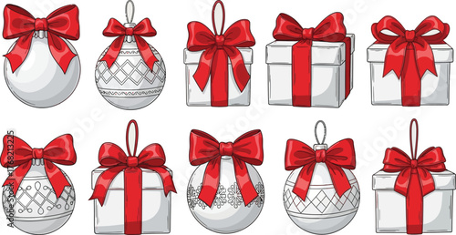 Collection of festive christmas ornaments and gift boxes adorned with bright red bows