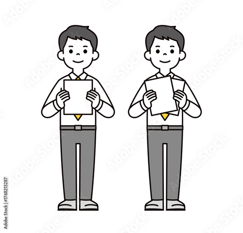 テキストスペースのある書類を持つ、若いビジネスマンの全身ベクターイラスト素材セット