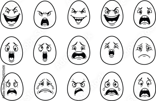 Collection of cartoon egg characters displaying a wide range of exaggerated emotions and facial expressions