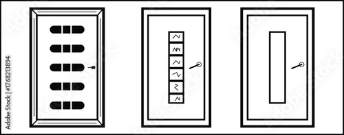 Set of three high-contrast icons illustrating diverse modern door styles: a full-glass door with visible hardware, a solid double door (one panel black, one white) with a recess handle, and a single.