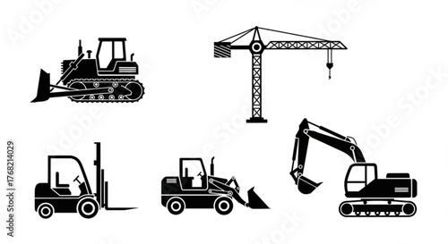 Construction vehicles including a bulldozer crane forklift and excavator in black and white design created with generated ai