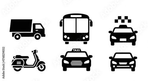 Black silhouette icons of different transportation vehicles on a white background design element created with generated ai