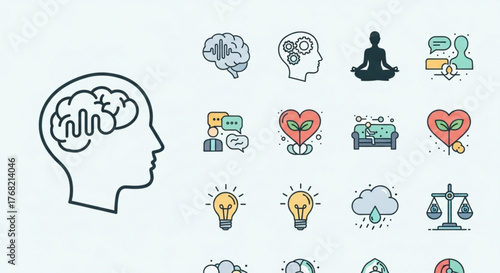 Collection of mental health and wellness icons including brain, meditation, and self care concepts created with generated ai