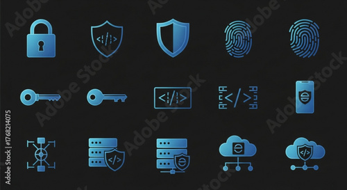 Illustration showing security related icons including locks keys shields and fingerprint scans on dark background created with generated ai