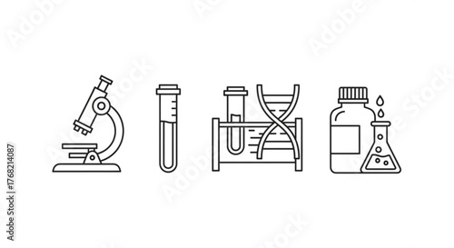 Line art illustration of microscope, test tubes, dna strand and laboratory glassware in black and white created with generated ai