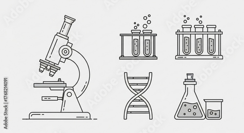 Illustration of science equipment including a microscope, test tubes, dna and beakers in line art created with generated ai