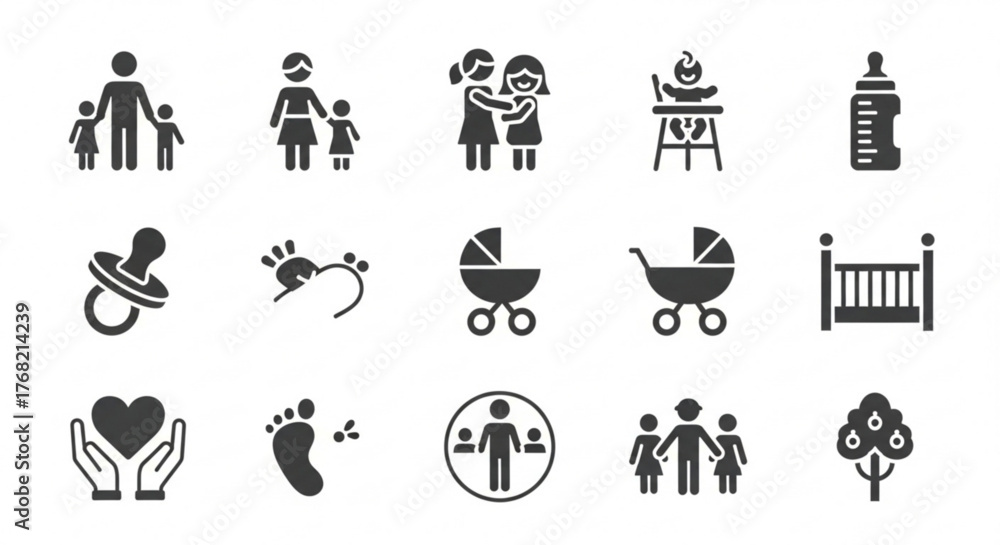 Fototapeta premium Collection of family and baby related icons featuring parents children and baby accessories items set created with generated ai
