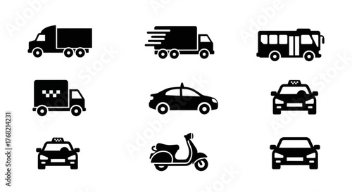 Illustration of various transportation vehicles including trucks taxis bus car and scooter in black color created with generated ai