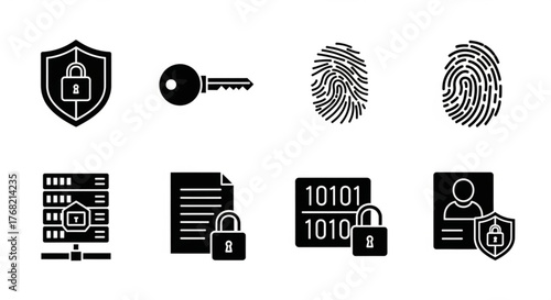 Collection of security icons including shield, key, fingerprint, server and data protection items created with generated ai