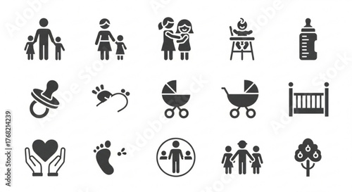Collection of family and baby related icons featuring parents children and baby accessories items set created with generated ai