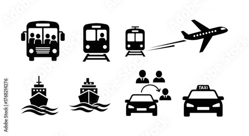 Illustration showing various modes of transportation including bus train plane ship taxi and carpooling icons created with generated ai