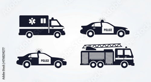 Illustration of emergency vehicles including ambulance police cars and fire truck in black and white design created with generated ai