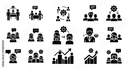 Illustration of business meeting icons showing teamwork and communication in various settings and scenarios created with generated ai