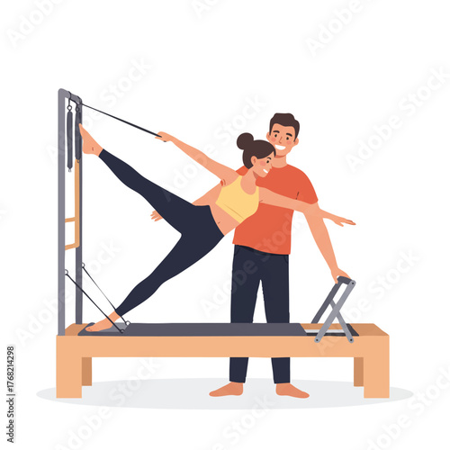 Flat 2D vector illustration showing a young woman performing controlled footwork on a Pilates reformer machine, guided by a smiling male instructor emphasizing core strength and physical wellness.