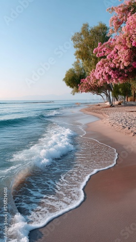 Dreamy Empty Beach with Flowering Tree and Gentle Waves Under a Clear Blue Sky