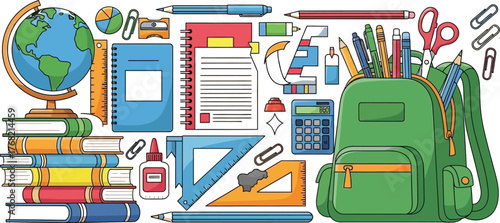 Vibrant collection of school supplies and educational tools arranged neatly on a white background