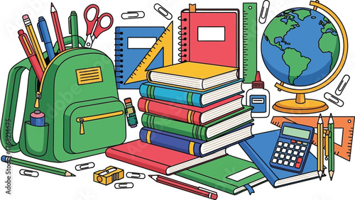 Vibrant illustration of a green backpack filled with school supplies and a stack of colorful books