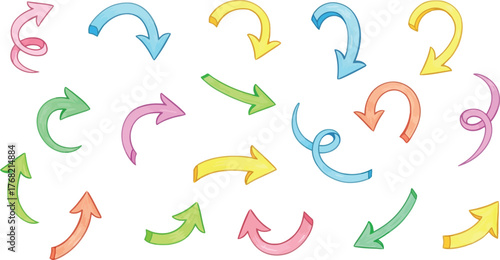 Collection of colorful hand drawn watercolor arrows pointing in various directions and forms