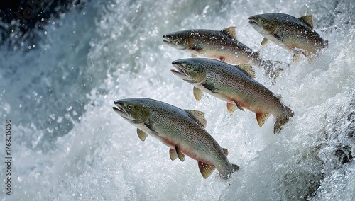 Stunning salmon leaping upstream through whitewater rapids, showcasing the power of nature and the resilience of wildlife, perfect for conservation campaigns