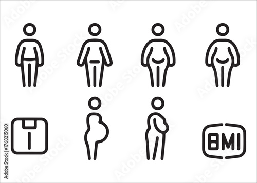  Body mass index and weight categories icons representing health and fitness