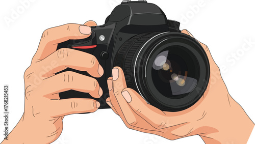 Hands holding a professional dslr camera ready to take a photograph with a wide lens