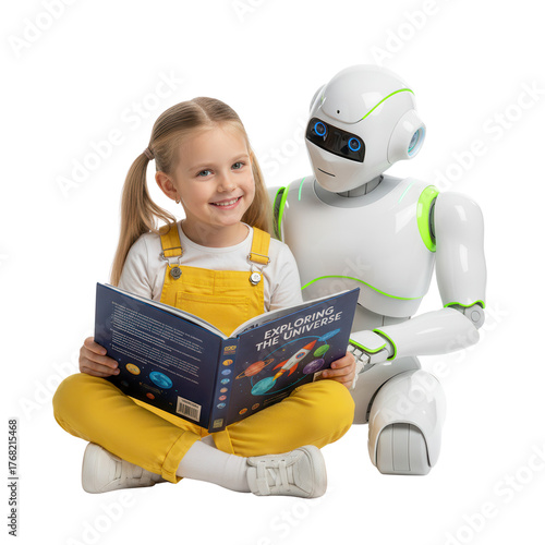 Future of education learning with a child and a friendly robot reading a book together
