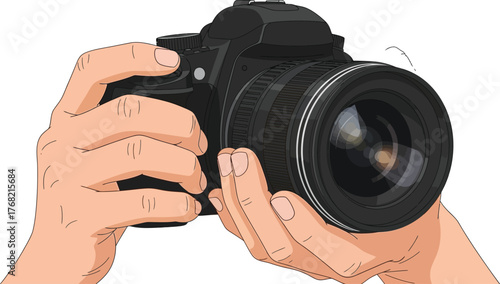 Close up of a photographer s hands holding a professional dslr camera ready to capture a shot