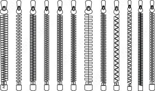 Zipper Icon Set, Fastener, Slider, and Zip Symbol Collection and Group, Clothing, Bag, and Textile Accessory Vector Fashion Tool, Sewing, Tailoring, Lock, and Stitch Design in Black Line Style