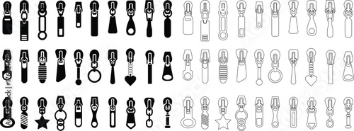 Zipper Icon Set, Fastener, Slider, and Zip Symbol Collection and Group, Clothing, Bag, and Textile Accessory Vector Fashion Tool, Sewing, Tailoring, Lock, and Stitch Design in Black Flat and Line Styl