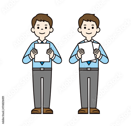 案内を手に持つ、20代・30代のビジネスマンの全身ベクターイラスト素材セット＿カラー