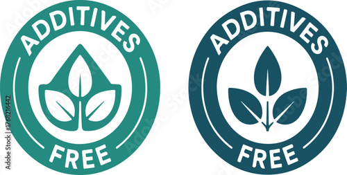 Two additives free product label icons additives, free, product, label, icons, green, blue, leaf, circle, design, symbol, sign, nature, organic, natural, healthy, food, diet, vegan, vegetarian, eco, 