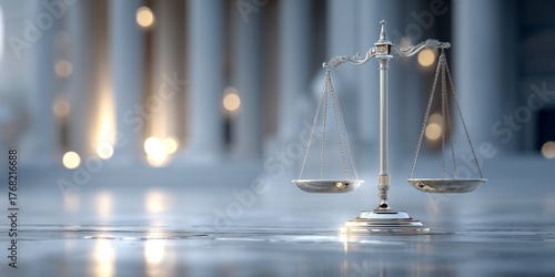 A balance scale representing justice is shown in a legal environment, symbolizing fairness and equity in the legal system.