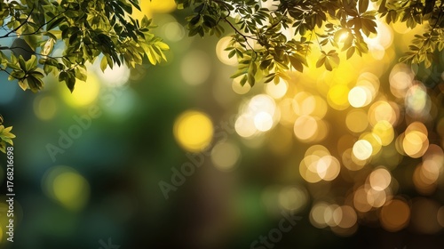 Fototapeta Naklejka Na Ścianę i Meble -  Natural green leaves frame beautiful golden sunset light with soft blurred bokeh background
