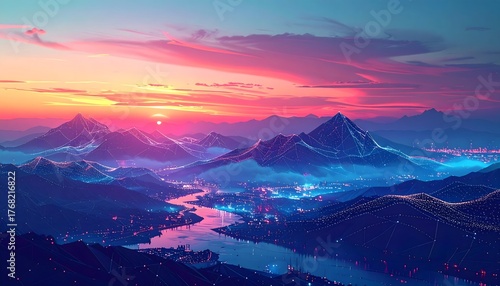 Stylized 3D graphic showing layered data flow related to global resource consumption and CO2 emissions tracking. Future Dusk background,