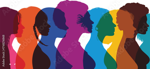 Colorful silhouettes of women in profile women, silhouette, profile, colorful, diversity, unity, female, abstract, background, art, illustration, design, group, people, community, culture, equality, 