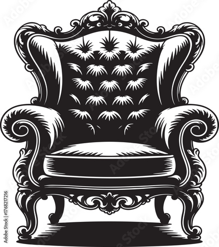 A detailed black and white illustration of an ornate vintage armchair with tufted back and scrolled arms