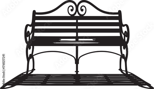 A black ornate metal park bench with a decorative backrest and a slatted base on a white background